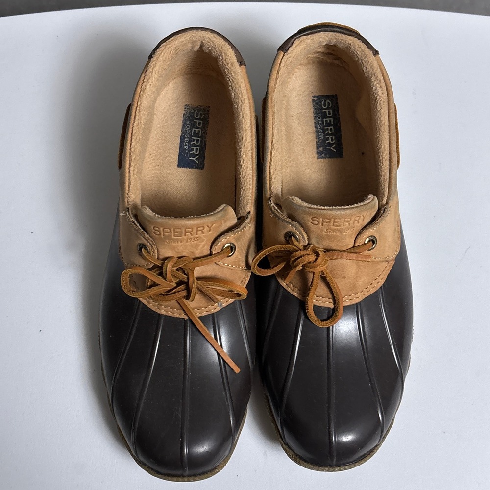 Sperry Duck Shoes Womens 11 Tan Leather Rubber Low Top Saltwater Rain Boots - Picture 2 of 12